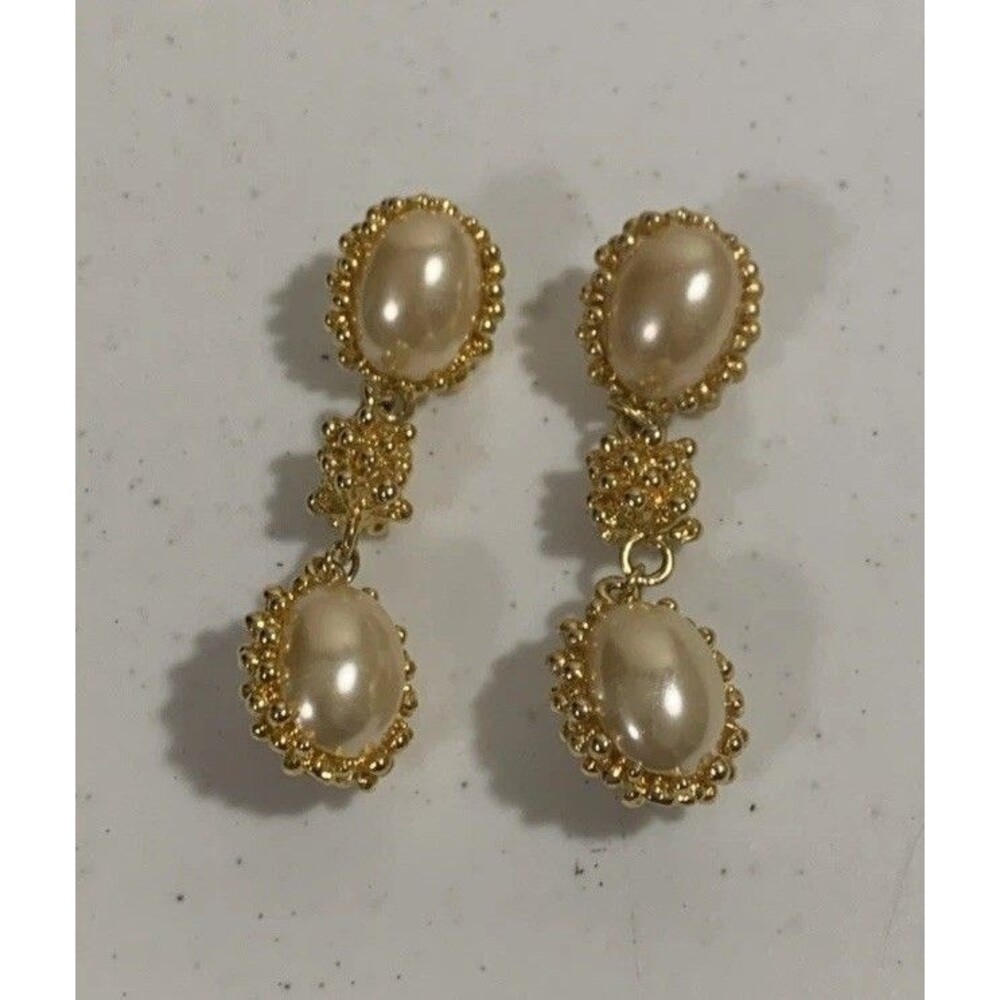 Vintage Chunky Faux White Pearl Gold Tone Statement Earrings